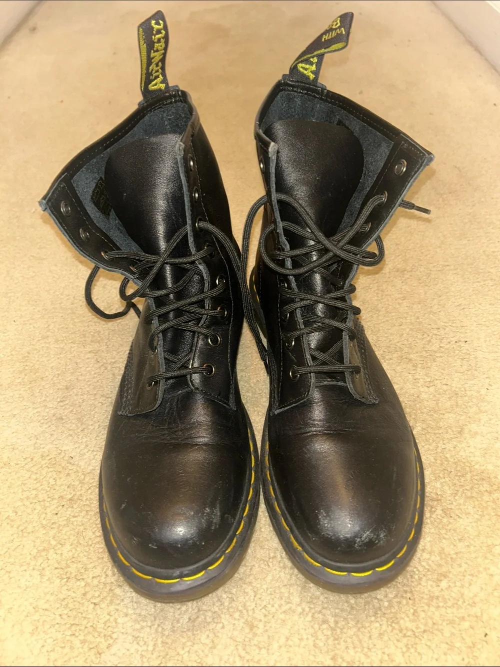 Unisex Dr. Martens 1460 Black Leather Lace-Up Boots with Yellow Stitching